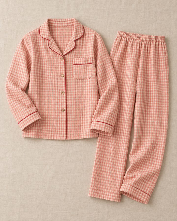 Cotton Gauze Pajama Set for Women, Long Sleeve Button-Up