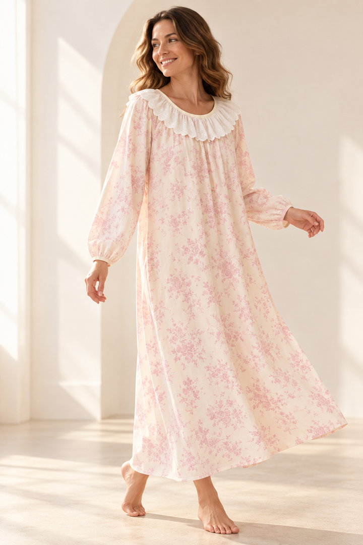 100% Cotton Embroidered Nightgown in Pink, Long Sleeve