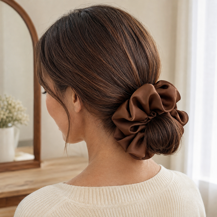 Satin hair scrunchie with a wide soft band - texture detail