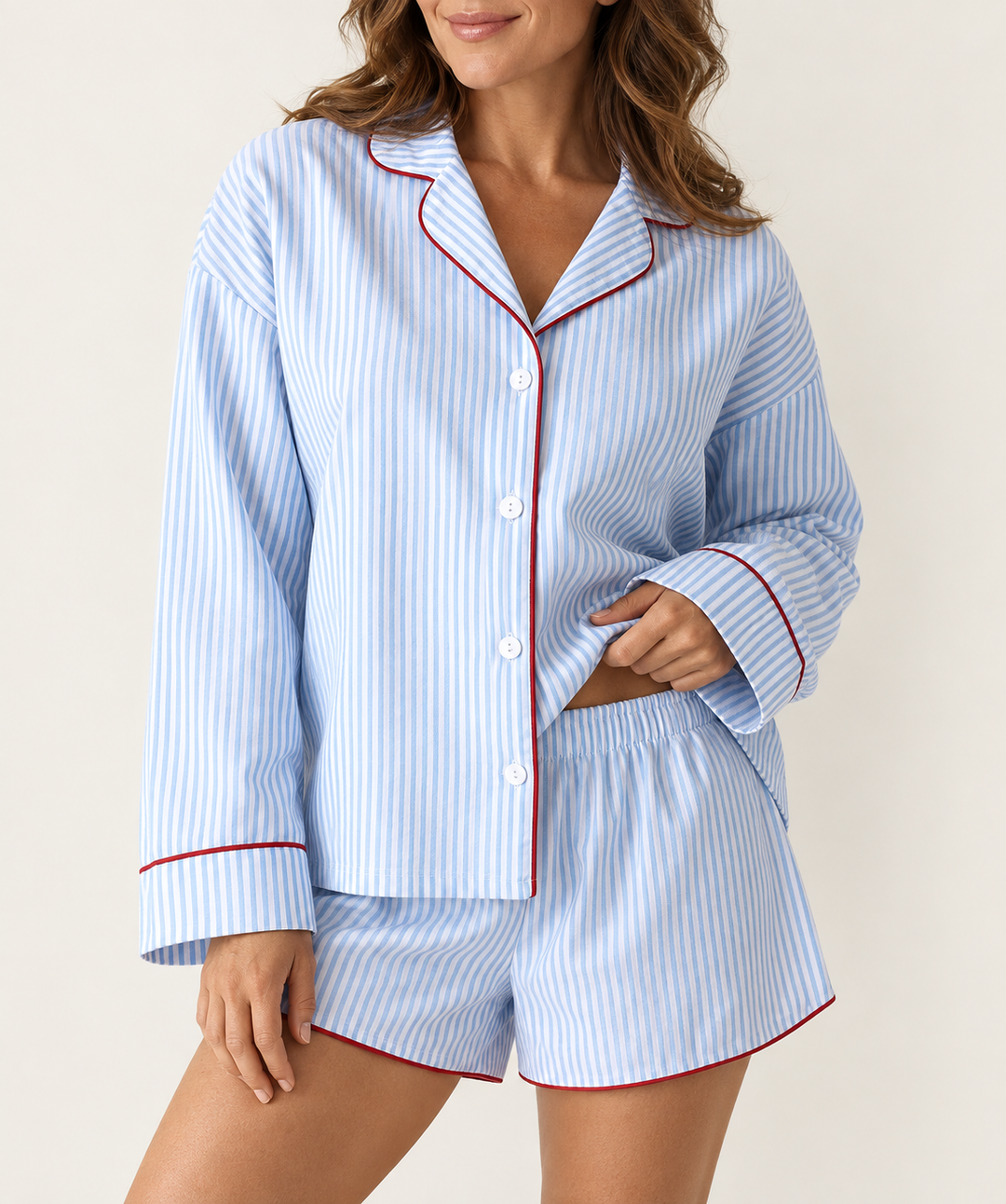 100% Cotton Striped Pajama Set for Women, Piped Top and Shorts