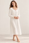 100% Cotton Lace-Trim Nightgown in Ivory, Long Sleeve