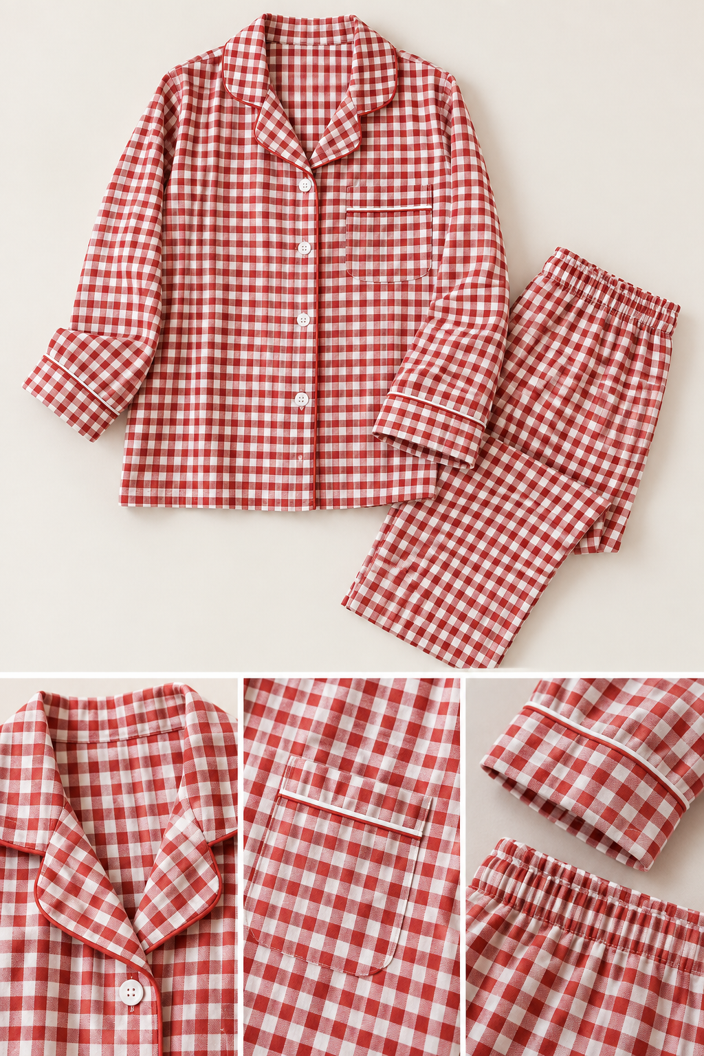 100% Cotton Double Gauze Pajama Set for Women, Plaid Long Sleeve