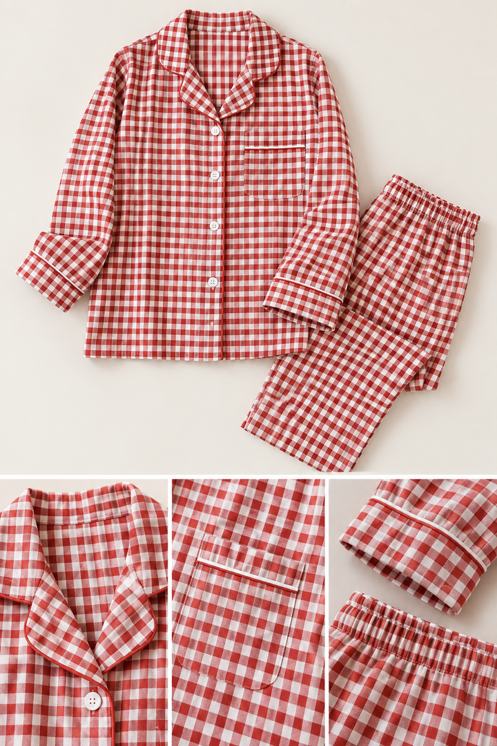 100% Cotton Double Gauze Pajama Set for Women, Plaid Long Sleeve