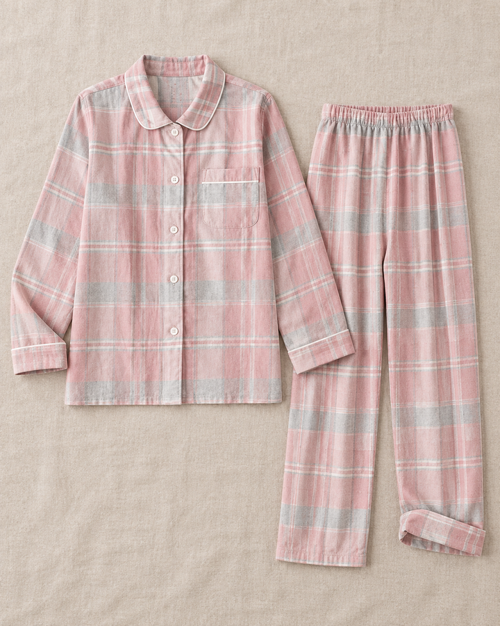100% Cotton Flannel Pajama Set for Women, Plaid Long Sleeve