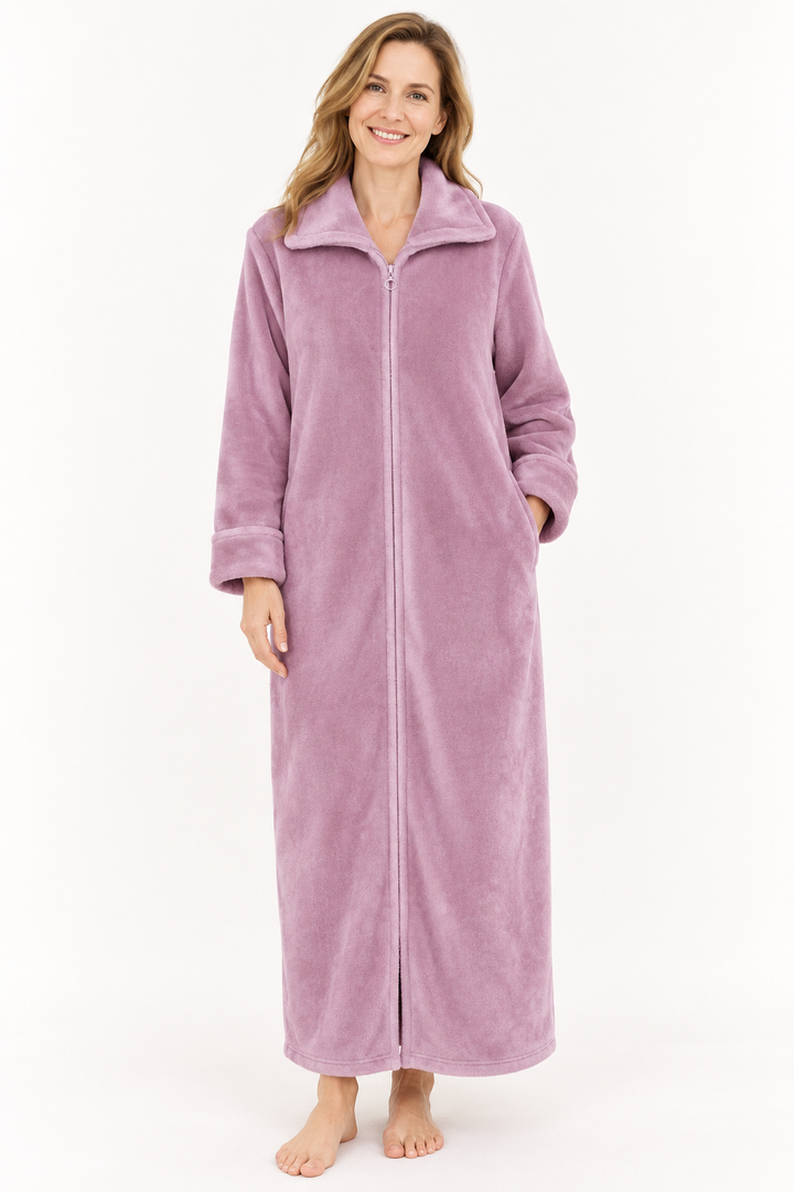 Long Zip-Front Flannel Fleece Robe for Women, Warm Housecoat