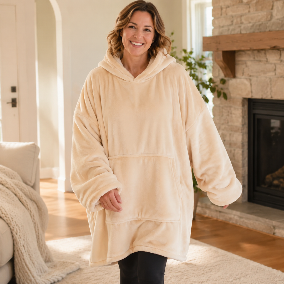 Hooded blanket with sleeves shown from the back