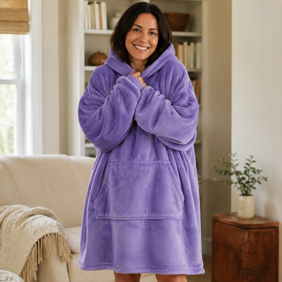 Dropped shoulder detail on an oversized blanket hoodie