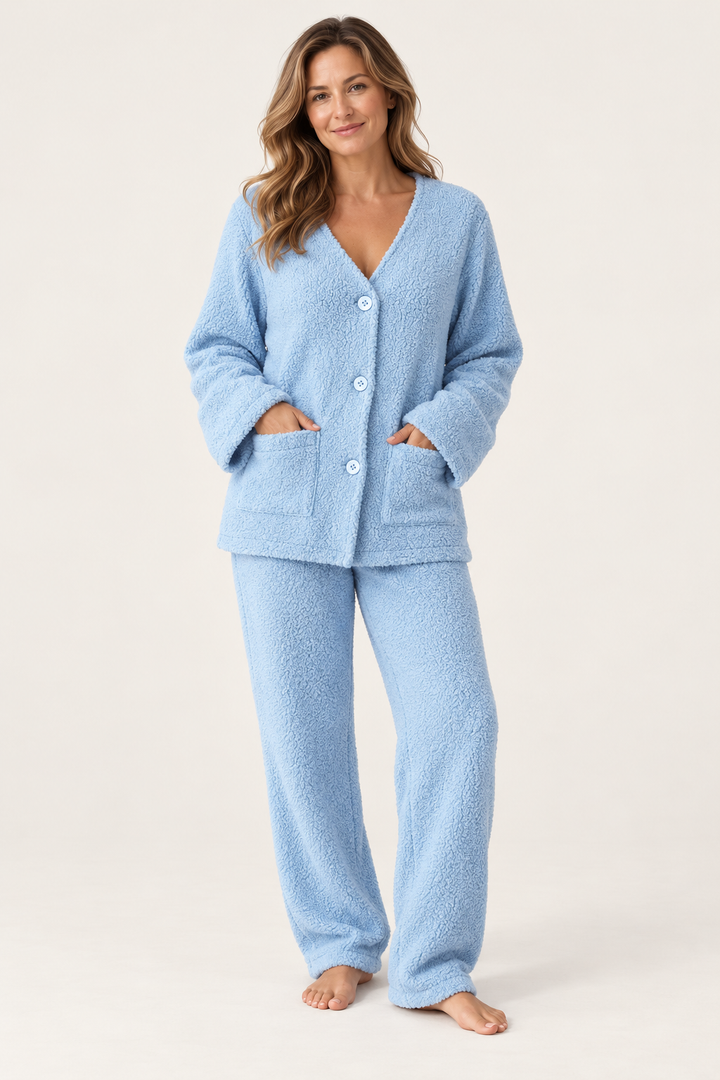 Coral Fleece Pajama Set for Women in Sky Blue, V-Neck