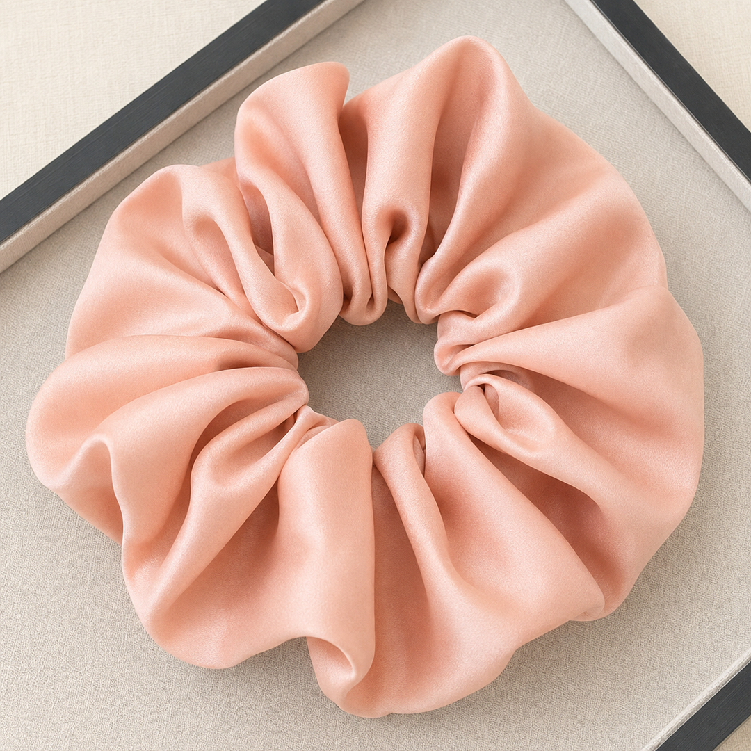 Satin hair scrunchie with a wide soft band - shown gathered