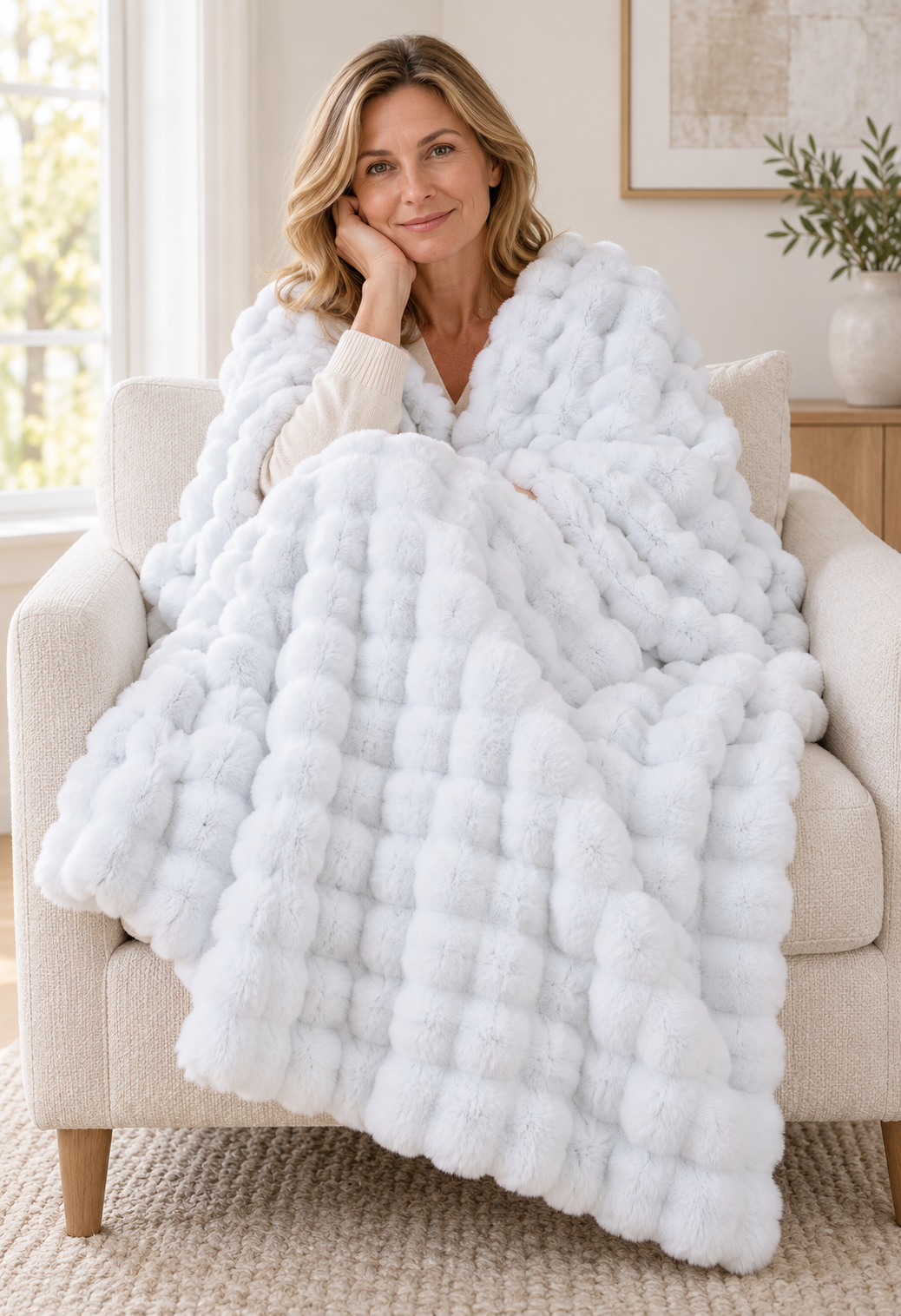 Faux Fur Throw Blanket, Cozy Plush Bubble Fleece 39 x 63 in