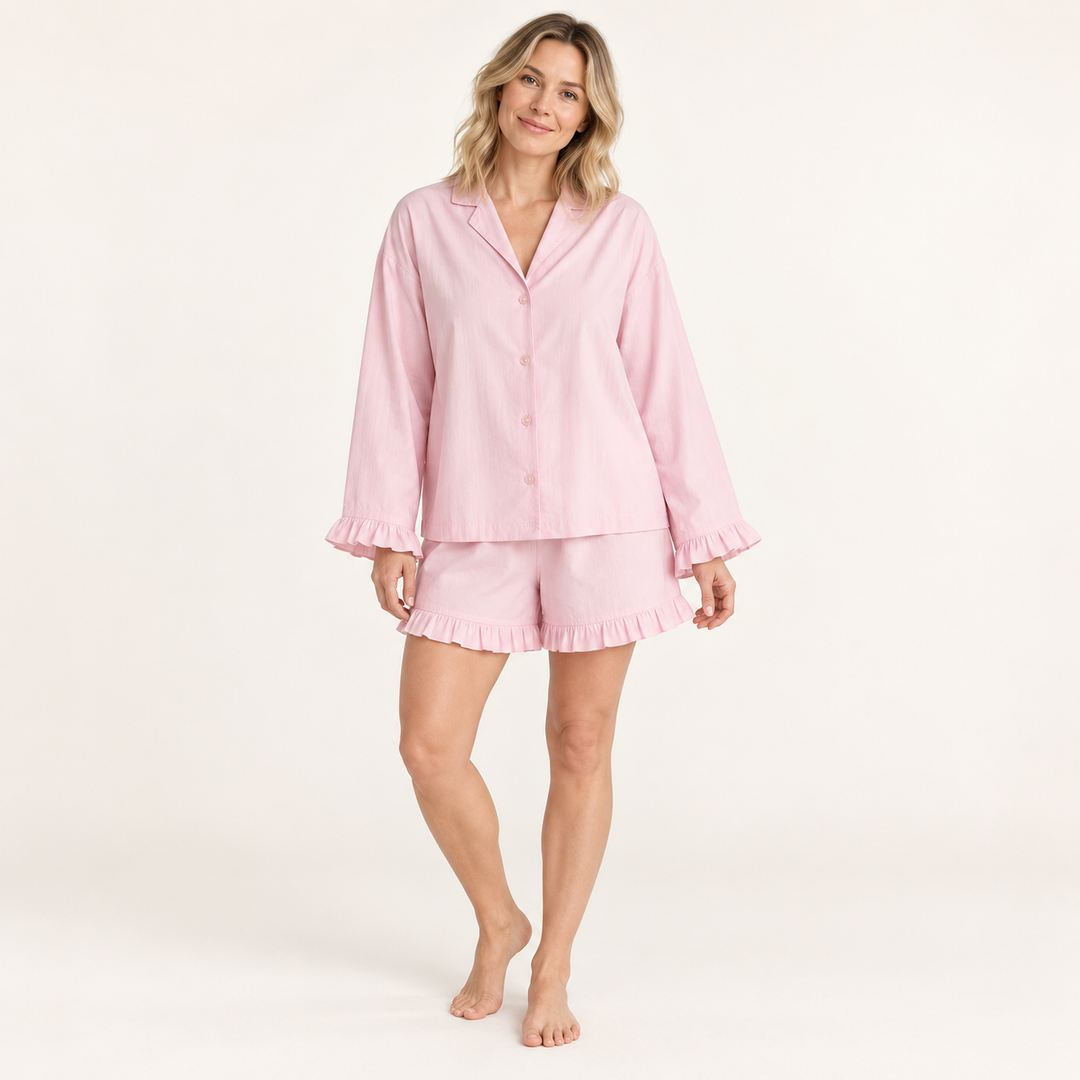 100% Cotton Ruffle Pajama Set for Women, Long Sleeve &amp; Shorts