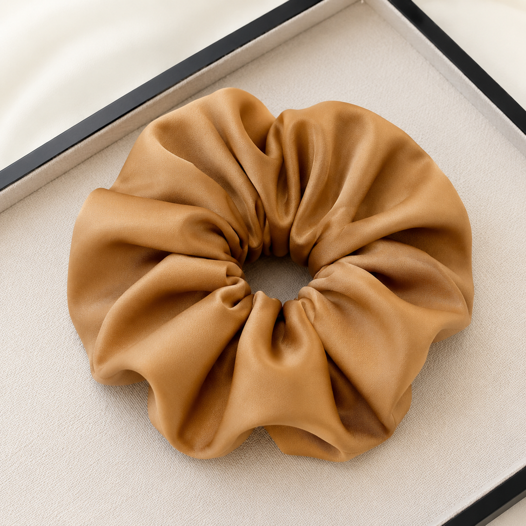 Satin hair scrunchie with a wide soft band - shade range shown together
