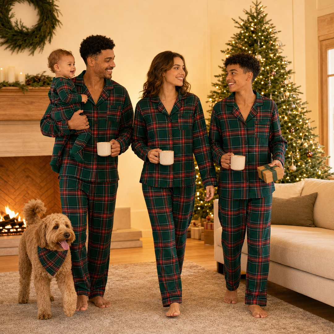 Matching Family Christmas Pajamas - Green Plaid Button Front Set