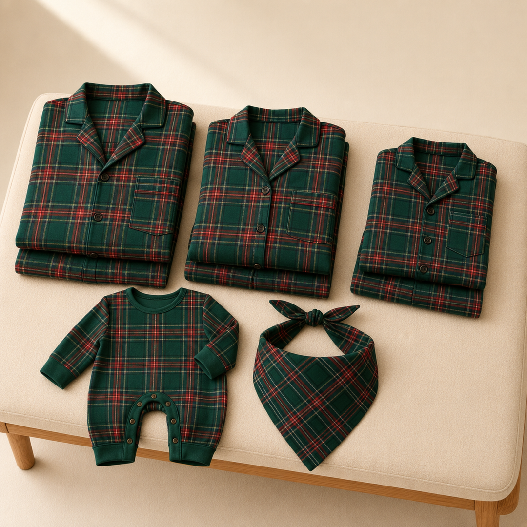 Matching Family Christmas Pajamas - Green Plaid Button Front Set