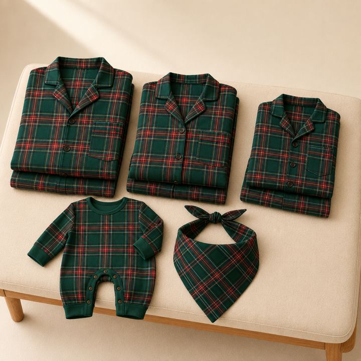 Matching Family Christmas Pajamas - Green Plaid Button Front Set