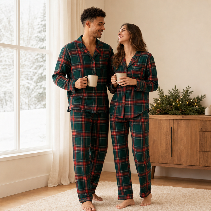 Matching Family Christmas Pajamas - Green Plaid Button Front Set