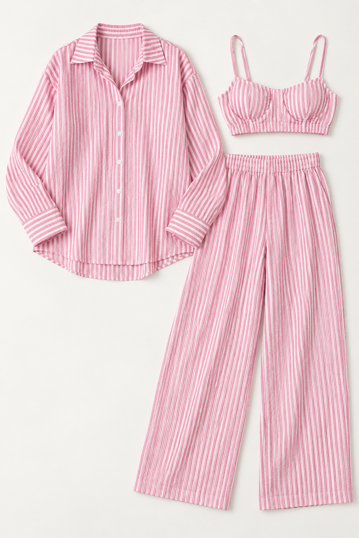 Cotton Blend Striped Pajama Set, 3-Piece with Oversized Shirt