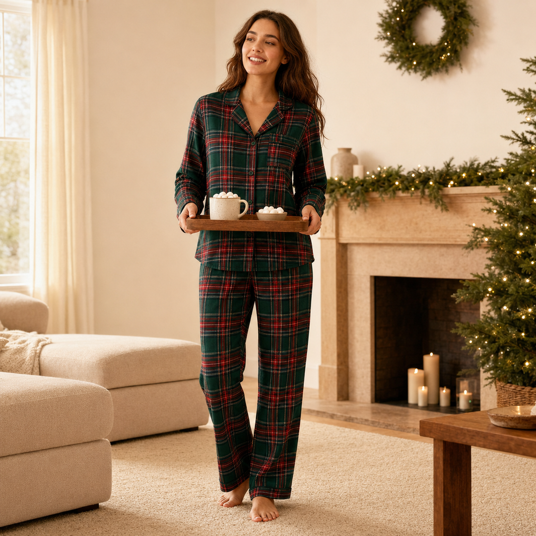 Matching Family Christmas Pajamas - Green Plaid Button Front Set