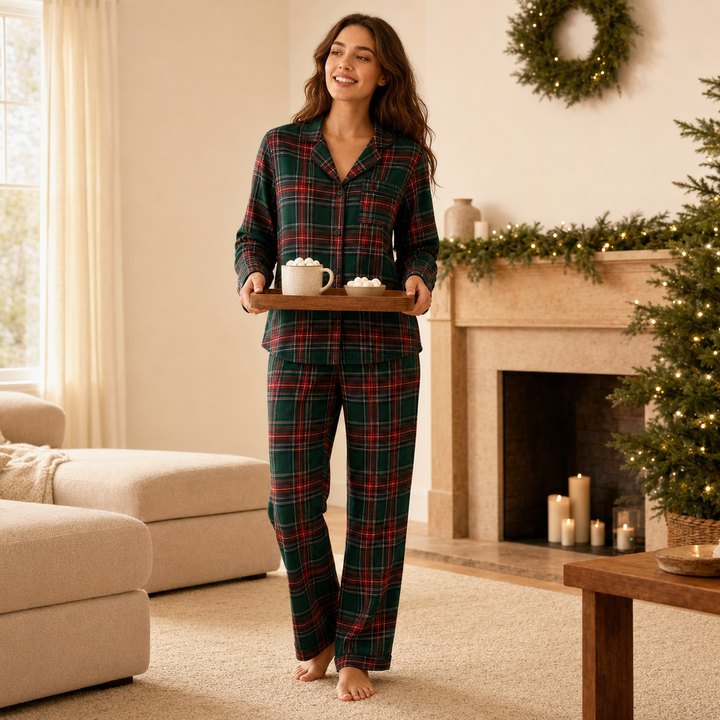 Matching Family Christmas Pajamas - Green Plaid Button Front Set