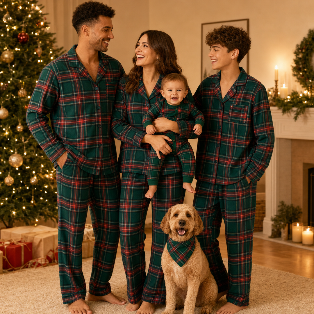 Matching Family Christmas Pajamas - Green Plaid Button Front Set