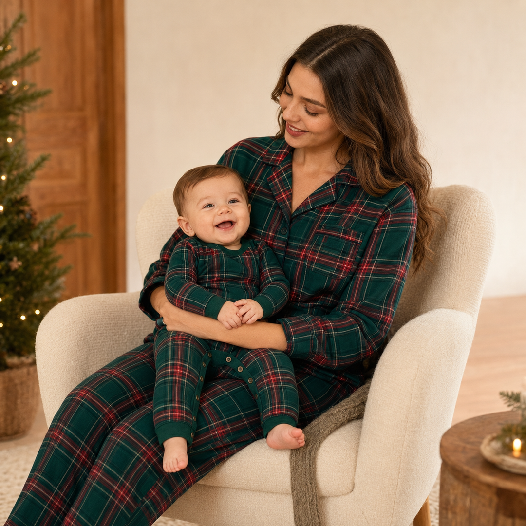 Matching Family Christmas Pajamas - Green Plaid Button Front Set