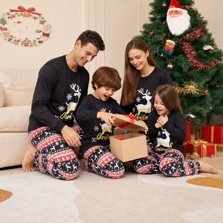 Matching Family Christmas Pajamas - Reindeer Print, Black