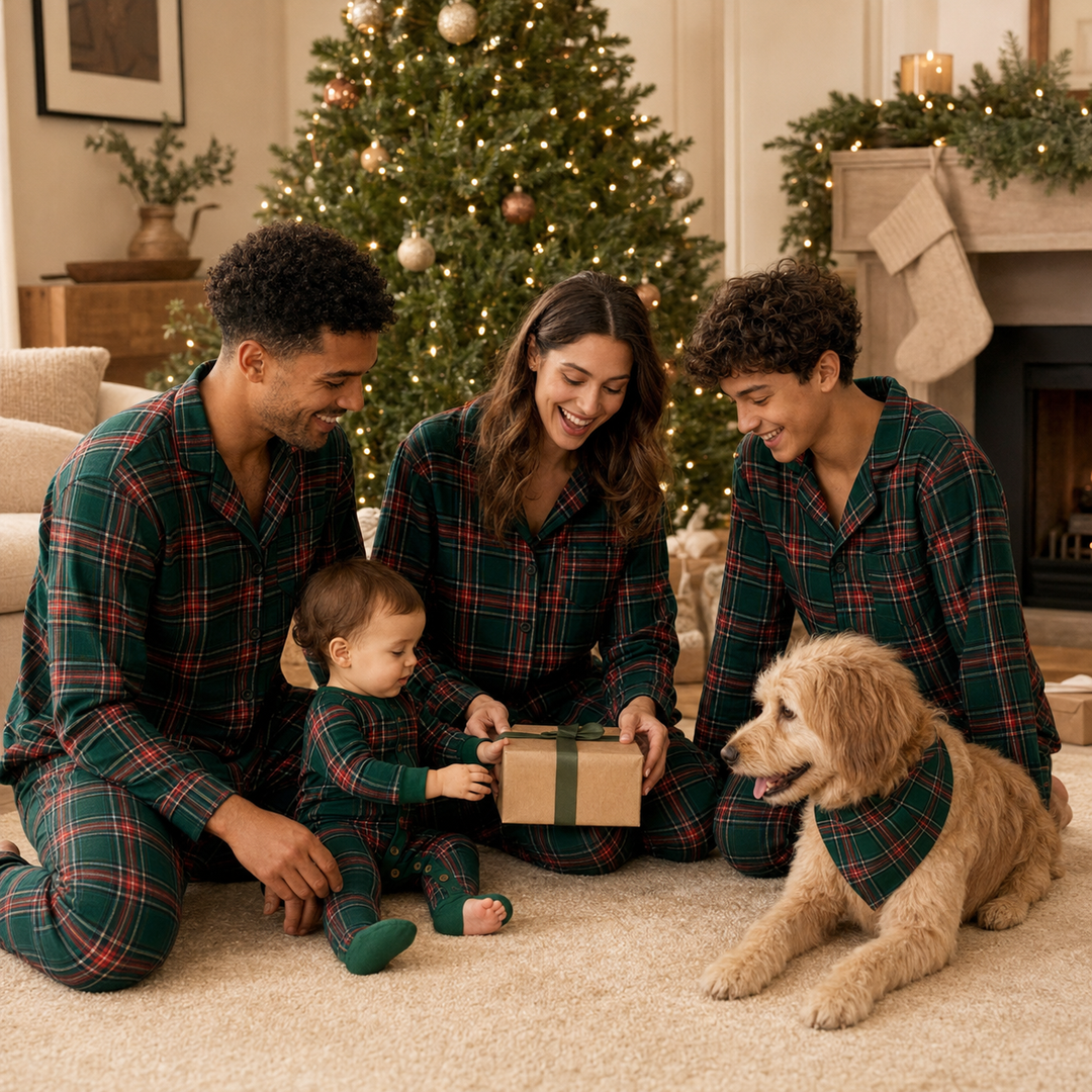 Matching Family Christmas Pajamas - Green Plaid Button Front Set
