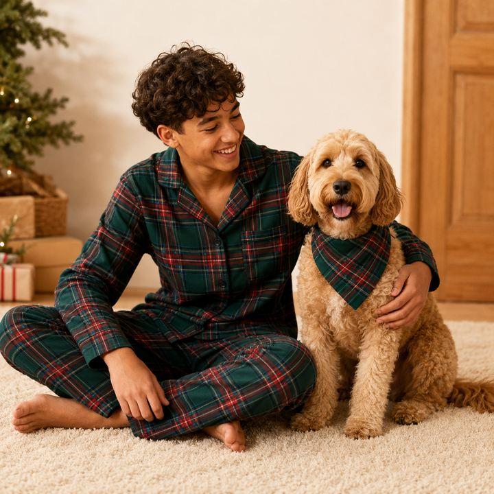Matching Family Christmas Pajamas - Green Plaid Button Front Set