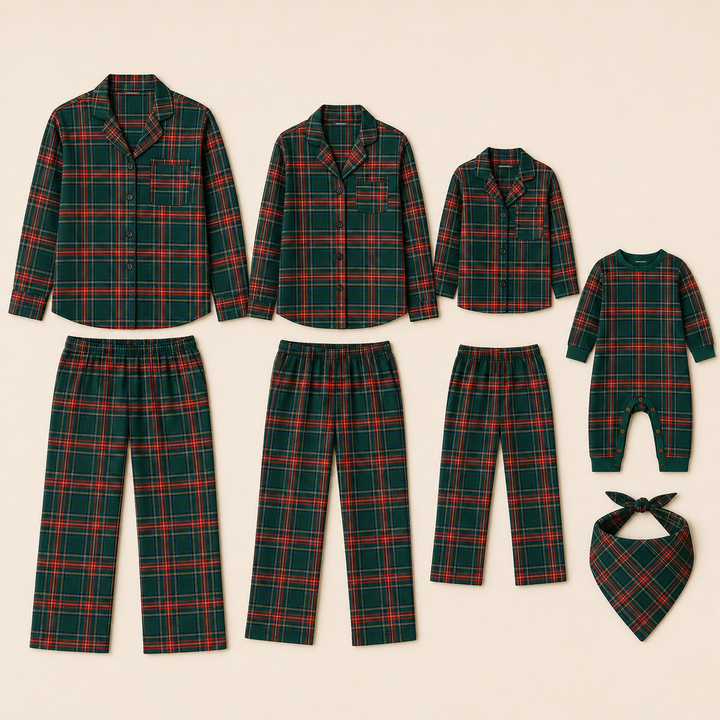 Matching Family Christmas Pajamas - Green Plaid Button Front Set