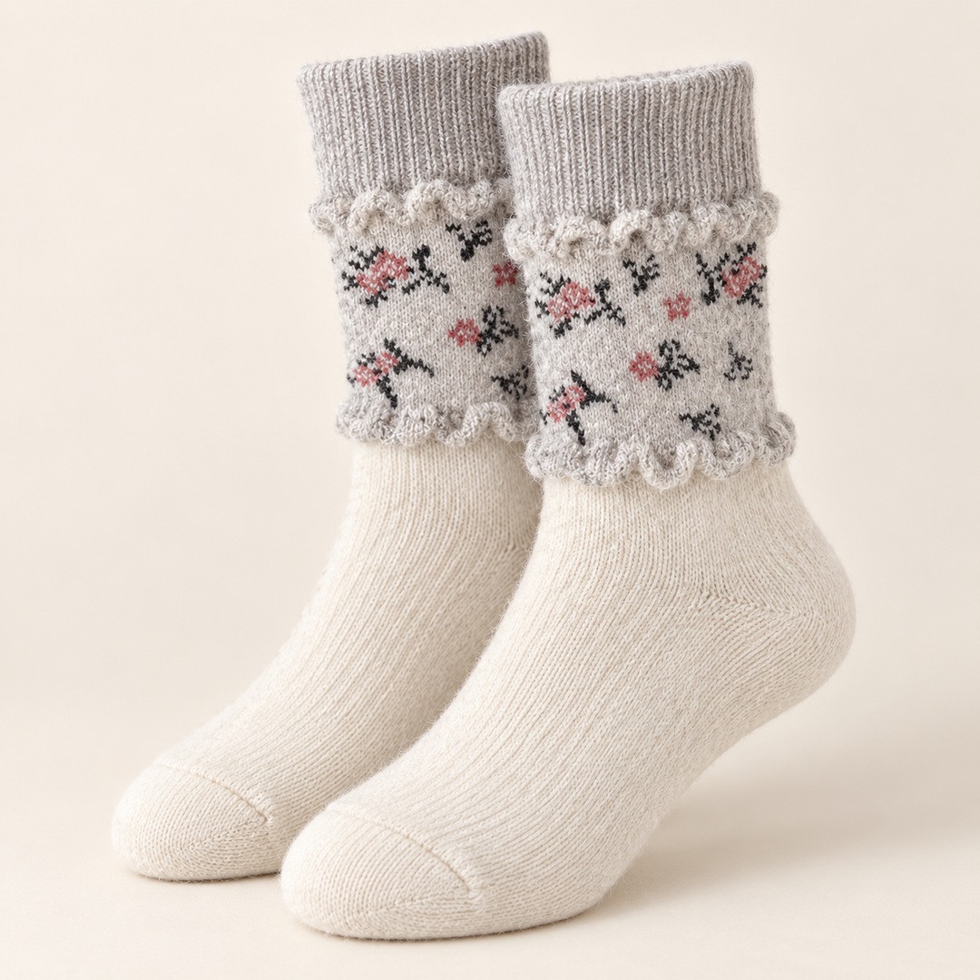 Wool Crew Socks for Women, Floral Knit with Lace Trim