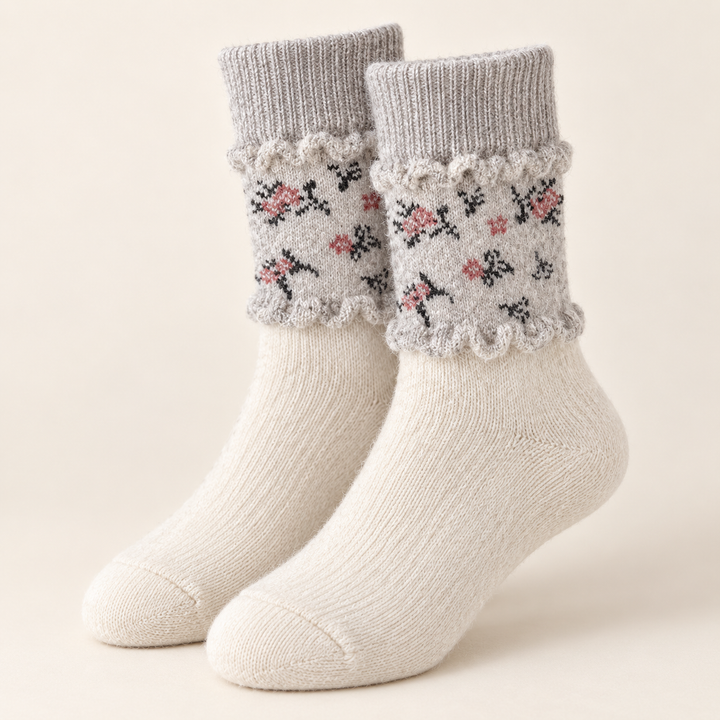 Wool Crew Socks for Women, Floral Knit with Lace Trim