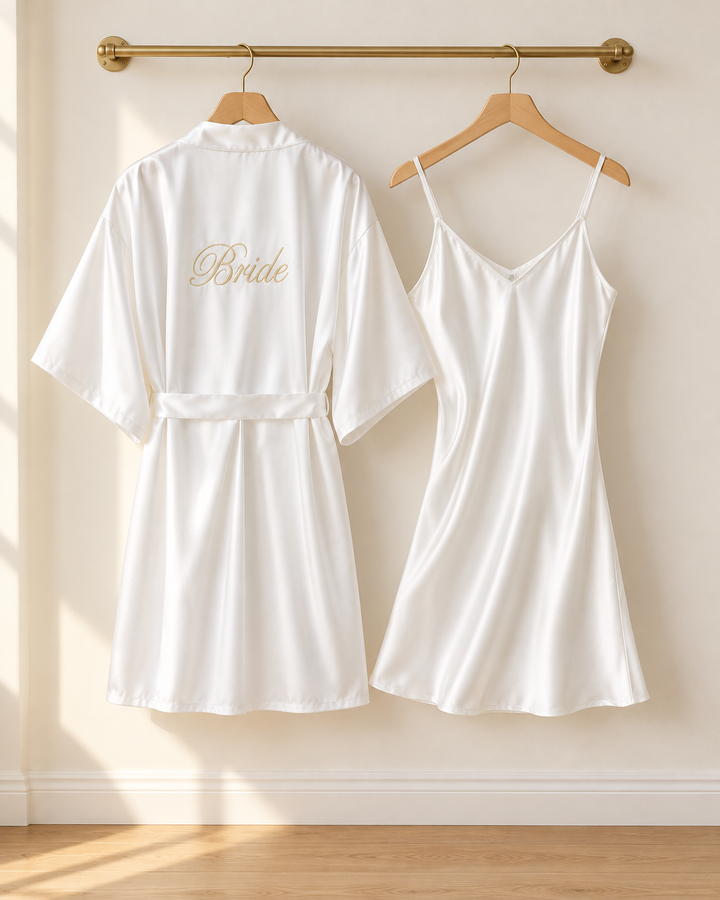 Bridal Robe &amp; Chemise Set, Embroidered Bride or Bridesmaid