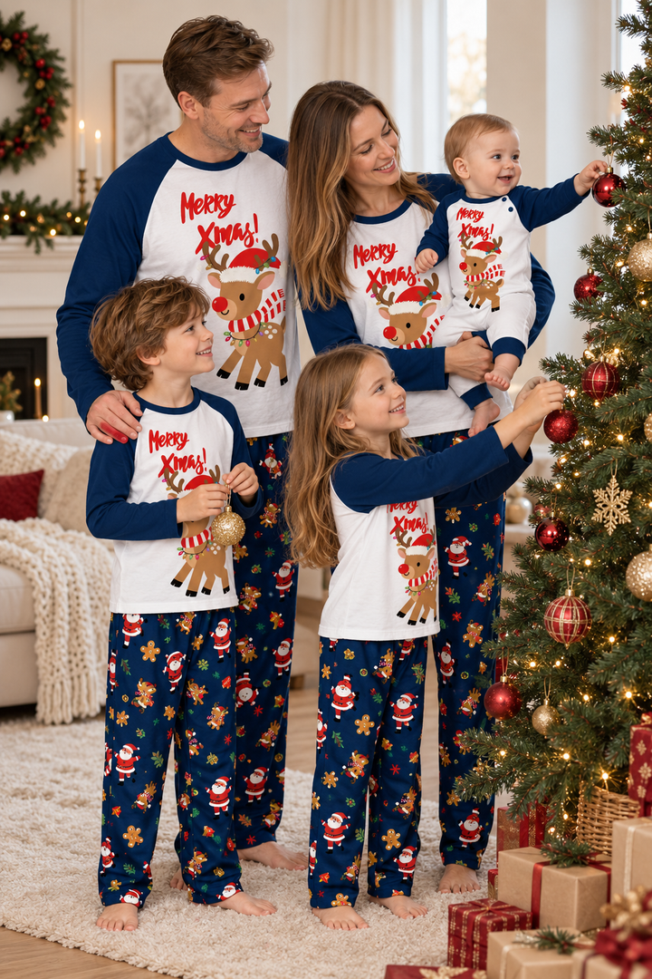 Family Christmas Pajamas, Elk Print Matching Sets in Navy