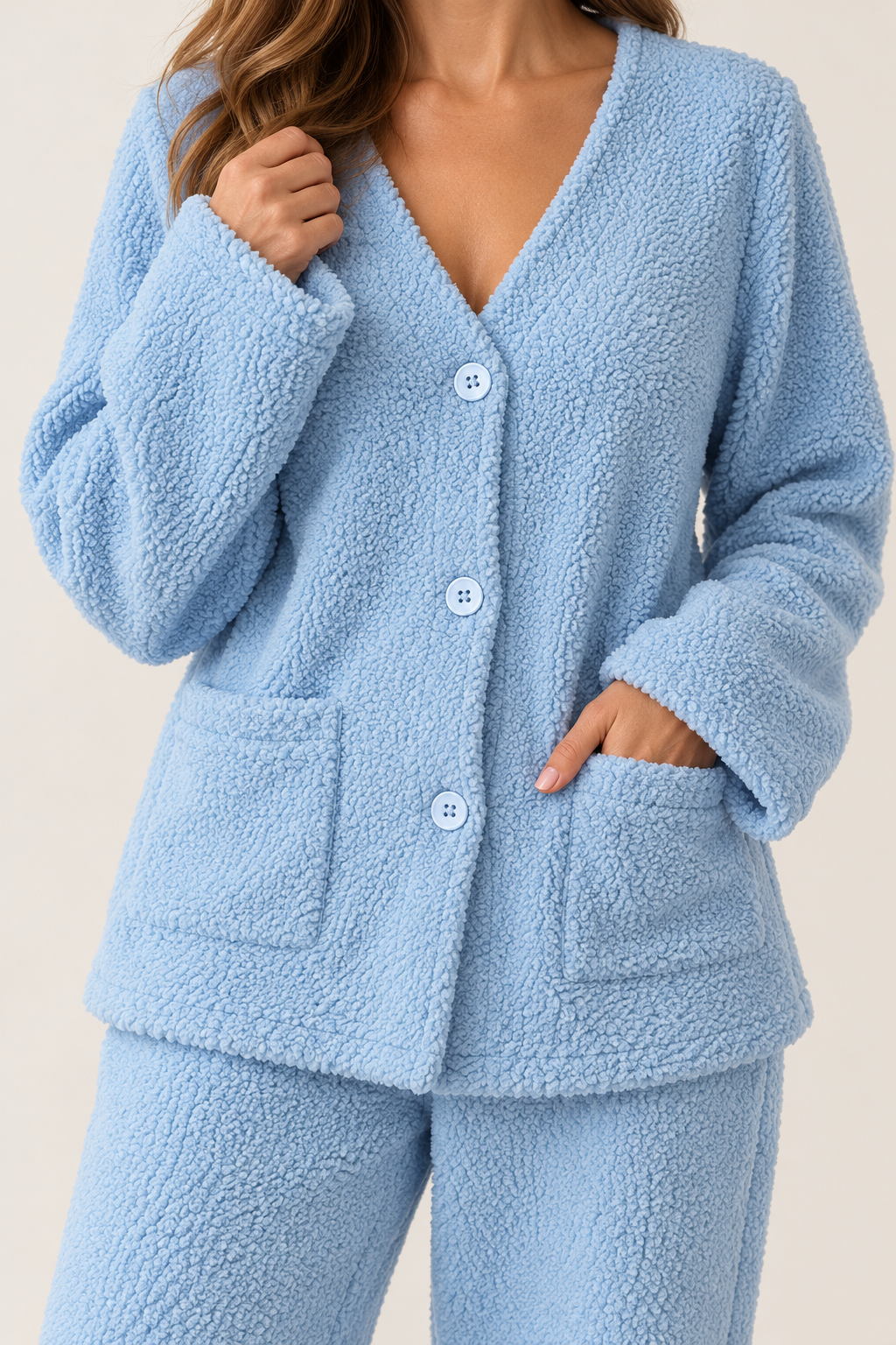 Coral Fleece Pajama Set for Women in Sky Blue, V-Neck