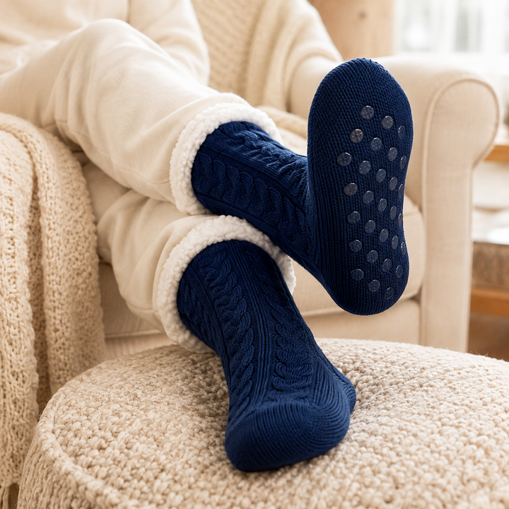 Cable Knit Slipper Socks - Sherpa Cuff, Non Slip