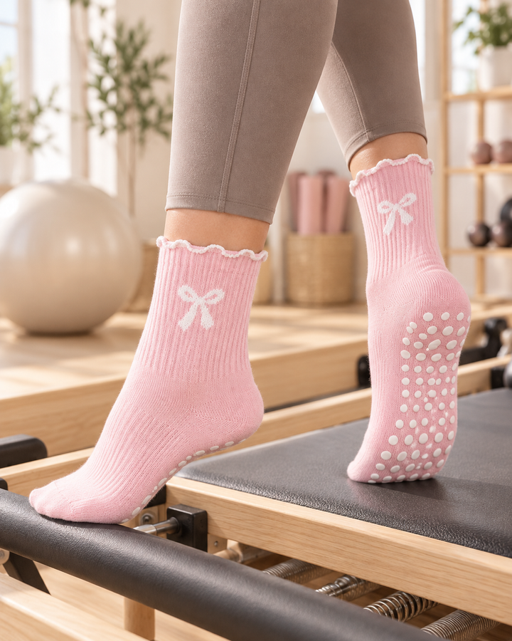 Pilates Grip Socks for Women, Non Slip Crew with Bow Detail