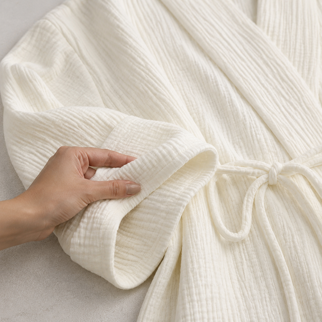 Cream Waffle Bathrobe for Women, Long Sleeve V-Neck with Belt