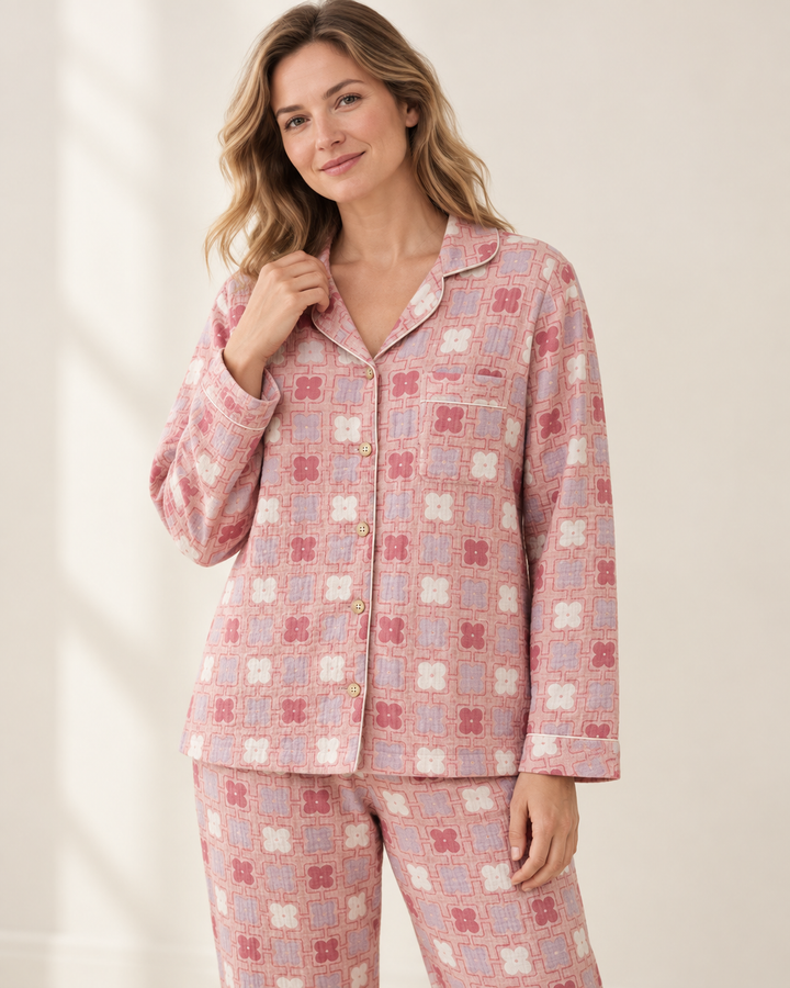 Cotton Gauze Pajama Set for Women, Long Sleeve Button-Up