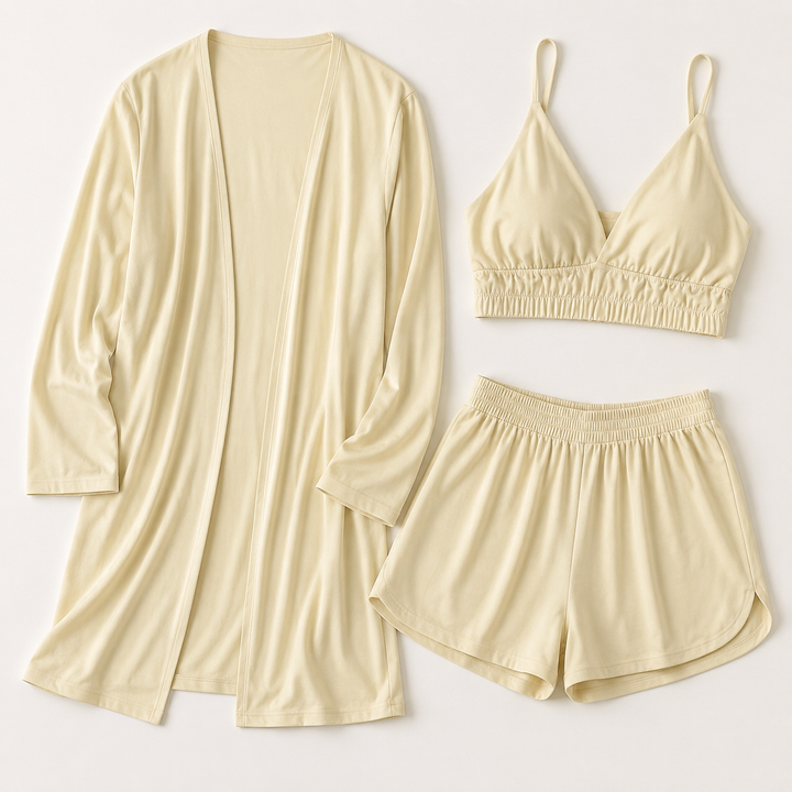 Cotton Robe Set for Women, 3 Piece with Bralette and Shorts