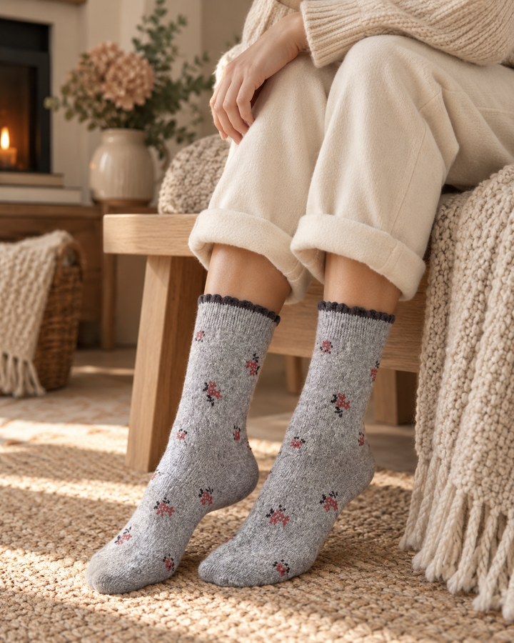 Wool Crew Socks for Women, Floral Knit with Lace Trim