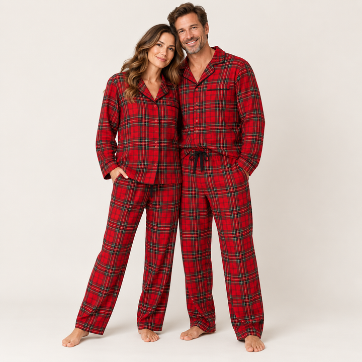 Matching Couples Christmas Pajamas, Red Plaid Cotton Set