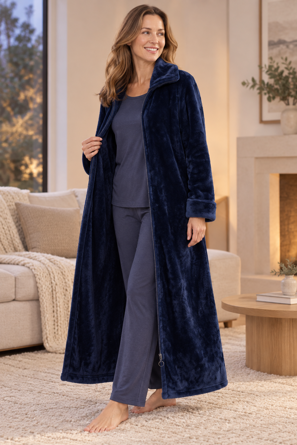 Long Zip-Front Flannel Fleece Robe for Women, Warm Housecoat