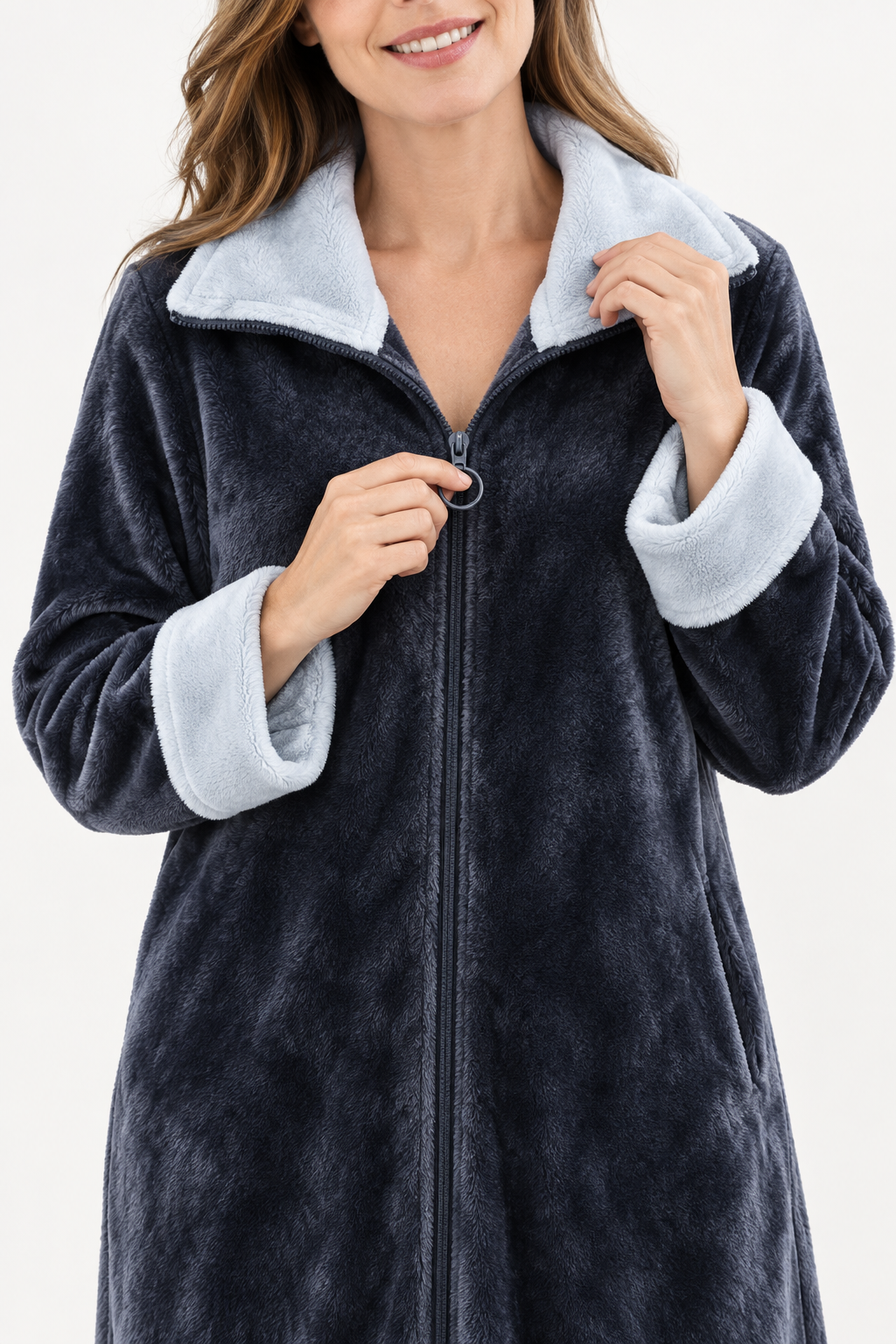 Long Zip-Front Flannel Fleece Robe for Women, Warm Housecoat