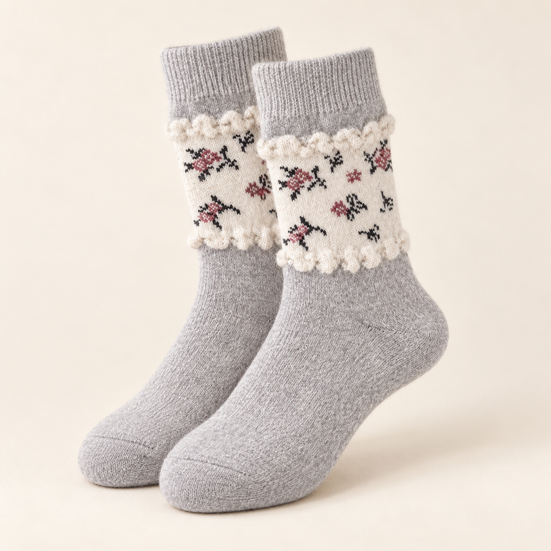 Wool Crew Socks for Women, Floral Knit with Lace Trim