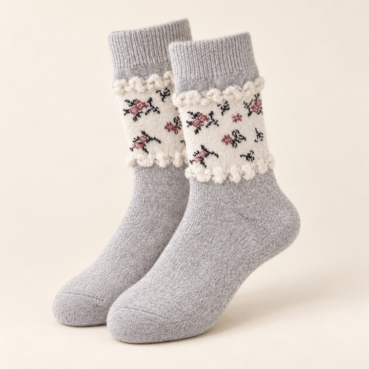 Wool Crew Socks for Women, Floral Knit with Lace Trim