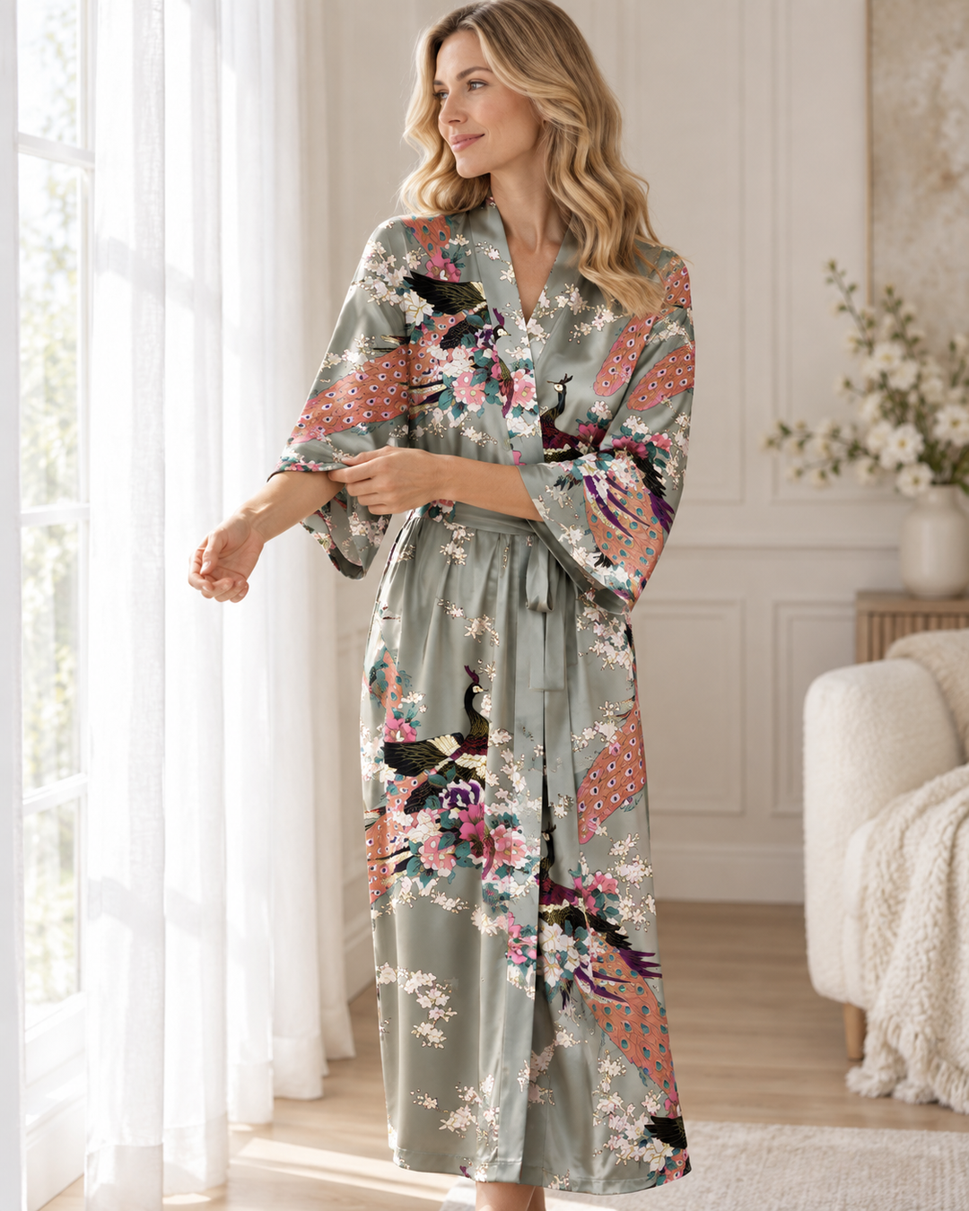 Long Satin Kimono Robe for Women, Peacock Print with Tie Belt