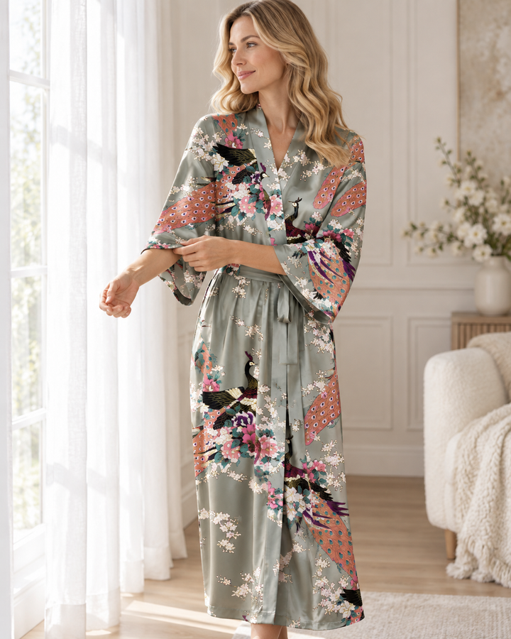 Long Satin Kimono Robe for Women, Peacock Print with Tie Belt