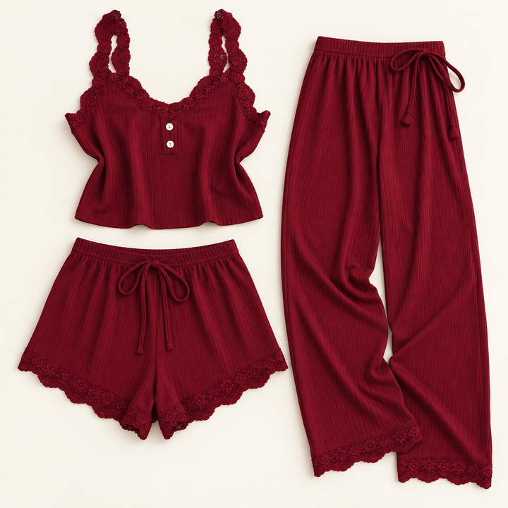 Satin 3-Piece Pajama Set for Women, Cami, Shorts and Pants