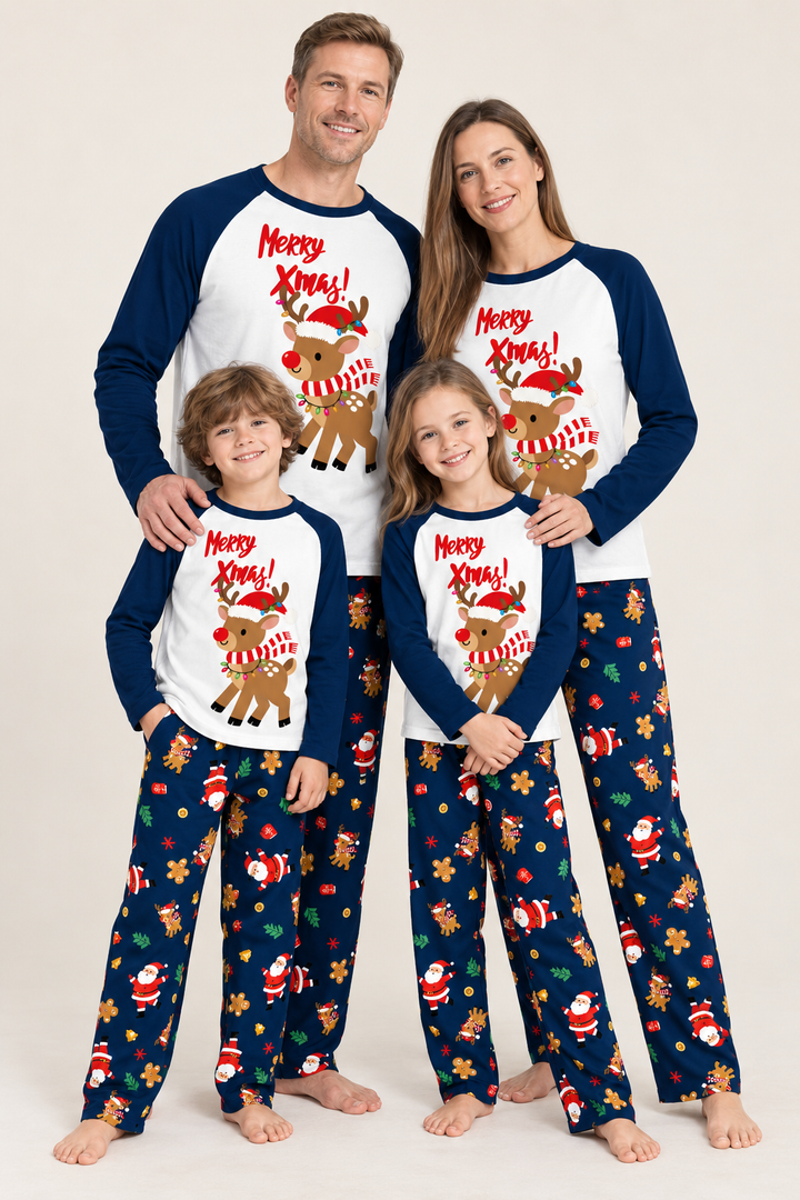 Family Christmas Pajamas, Elk Print Matching Sets in Navy
