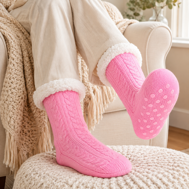 Cable Knit Slipper Socks - Sherpa Cuff, Non Slip